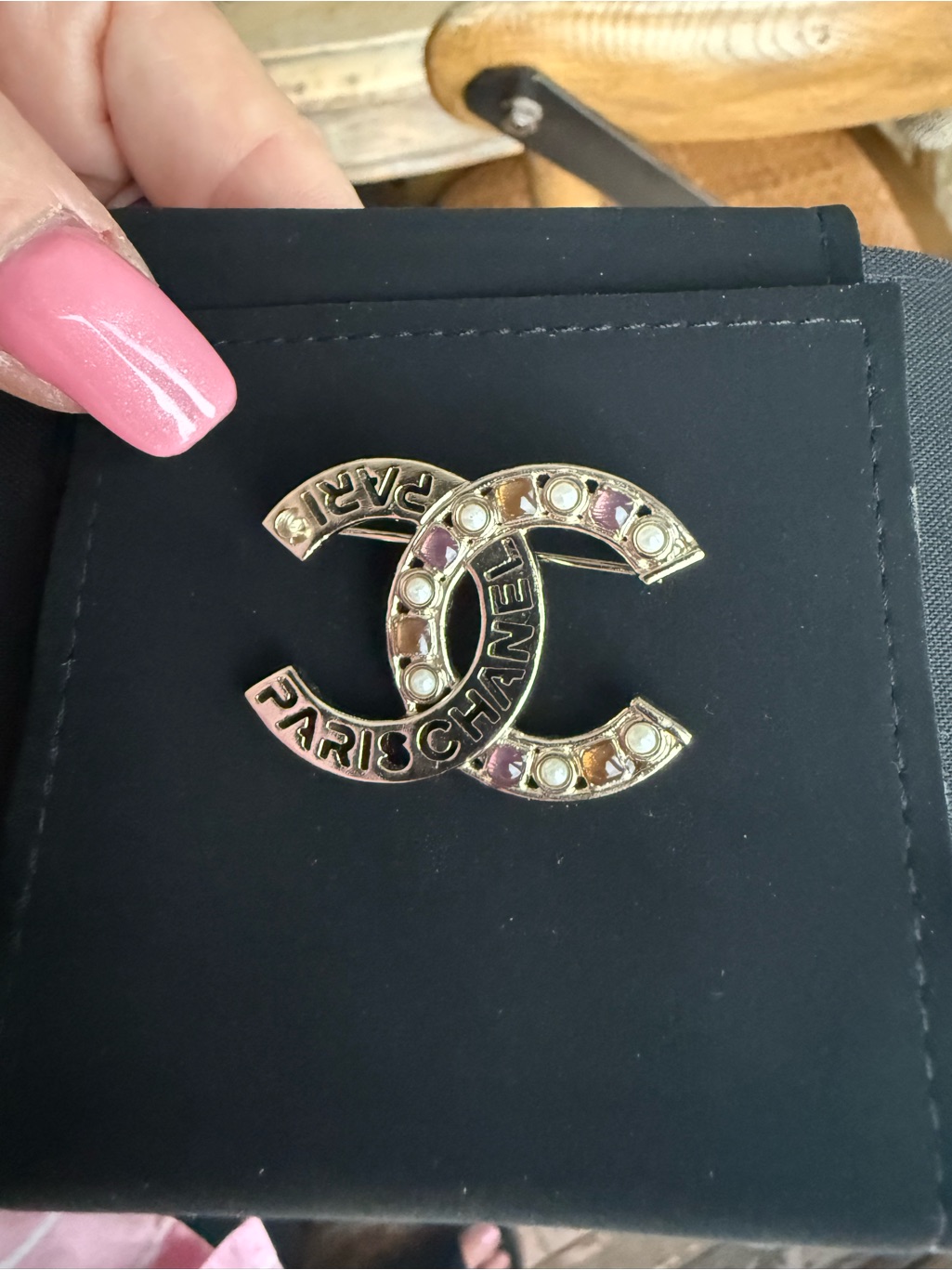 Chanel Authentic Gold-Tone Cc Brooch Pink And Pearl Accents Nib